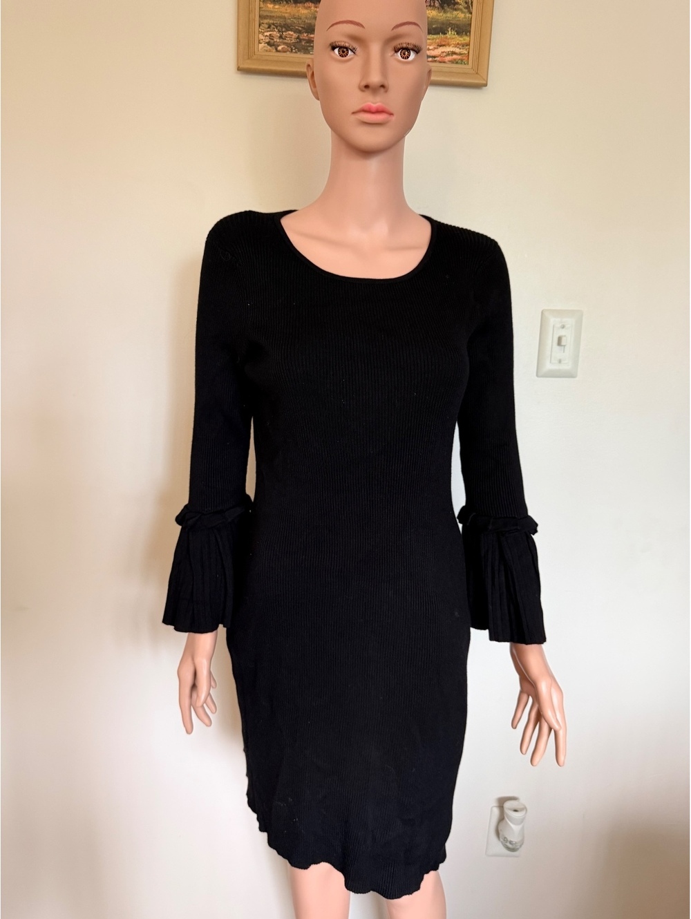 Nina Leonard Black Ribbed Knit Dress with Pleated Bell Sleev
